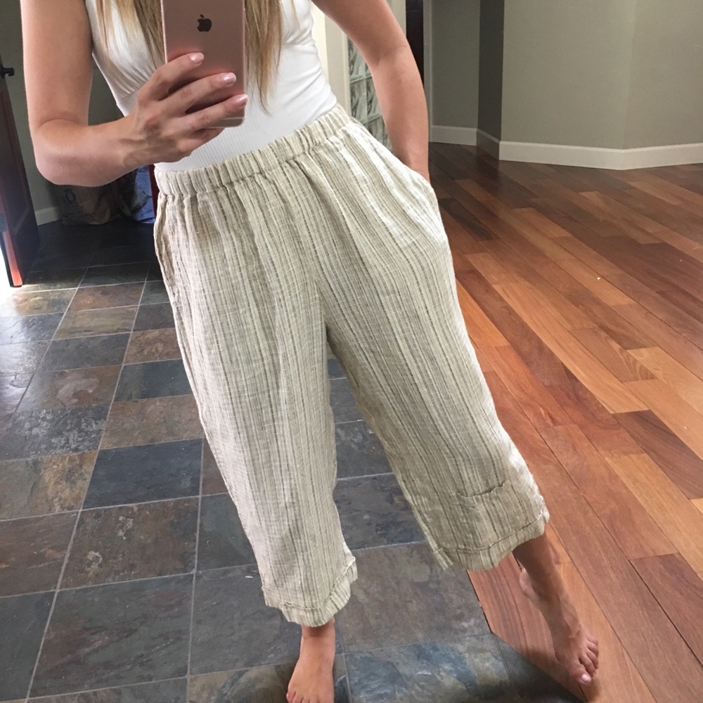 FLAX Boho Stripped Linen Flowy High Waisted Pants - Picture 3 of 8